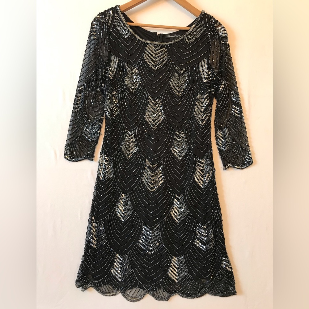 Pisarro Nights long Sleeve Intricately Beaded Sequin Cocktail Dress Black